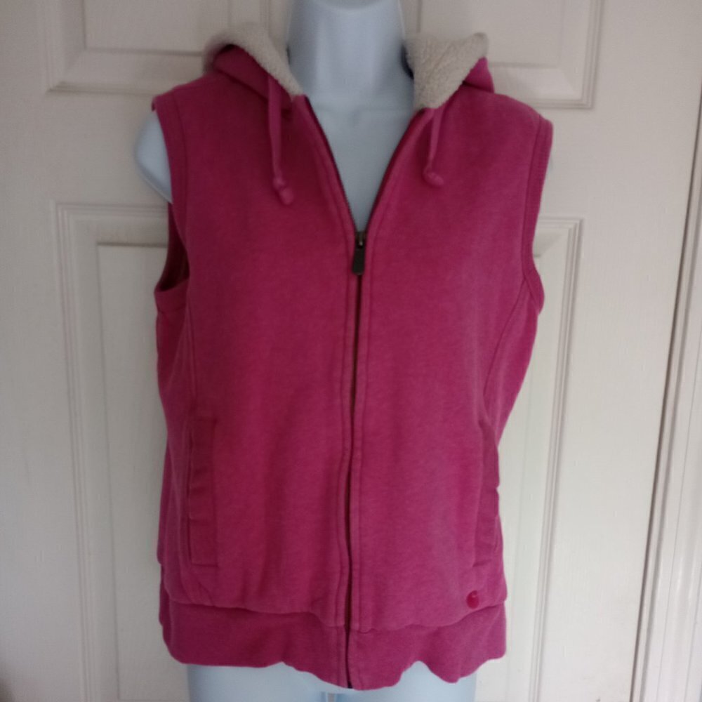 Women's Vintage Small Carhartt Sherpa Lined Pink Hooded Zip-up Vest w/ pockets
